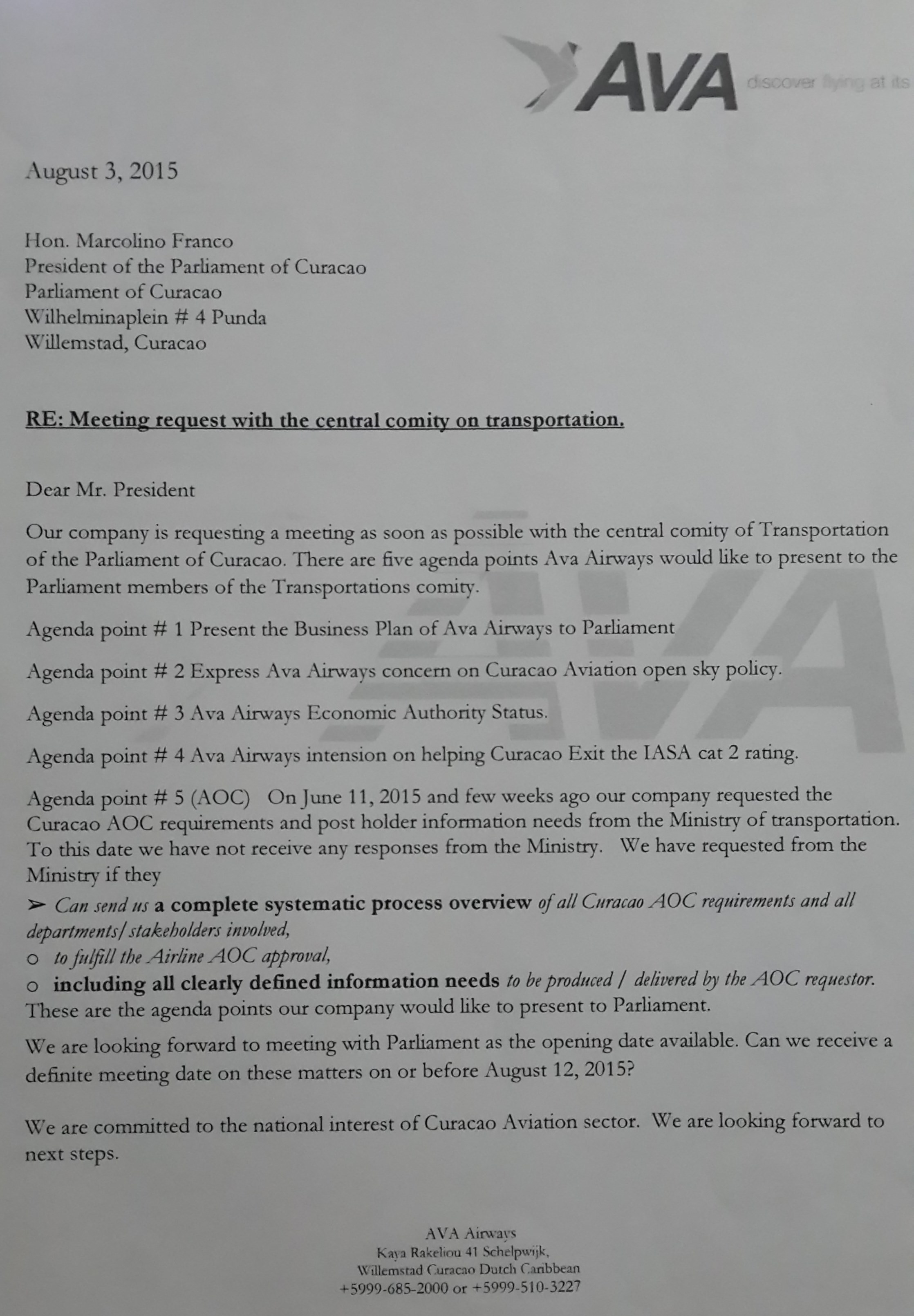 AVA AIRWAYS A PIDI REUNION KU KOMISHON DI TRANSPORTE DEN PARLAMENTO DI KORSOU