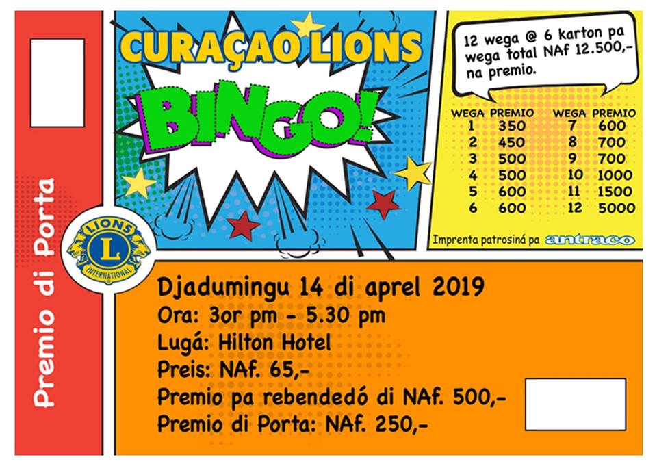 Djadumingu 14 di aprel “Lions Charity BINGO”  ku más ku 12.500 florin na premio kèsh